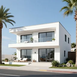 modern detailed white villa by the beachside, with palm trees and glass windows