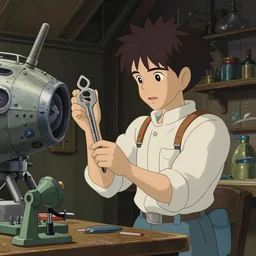 a wholesome animation key shot of a focused space engineer repairing an old spaceship in a workshop garage, medium shot, waist up, studio ghibli and disney animation, sharp, rendered in unreal engine 5, anime key art by greg rutkowski, bloom, dramatic lighting, artstation, instagram