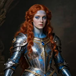 A blue merfolk woman with red hair and ornate armor, portrait in renaissance style.