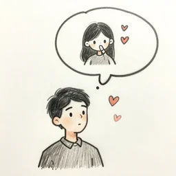 a sketch of a man with a thought bubble, and inside the thought bubble is a girl and that man together with hearts around them