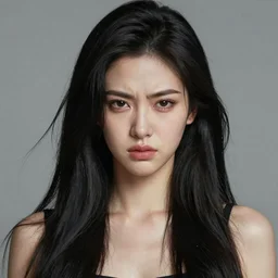 A portrait painting of a gorgeous woman long black hair frowning, in the style of Audrey Kawasaki, octane render, highly detailed