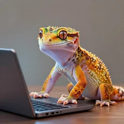 portrait of a gecko working at a laptop, photorealistic, artstation, digital art 4k