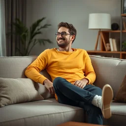 3 5 yo man is sitting gracefully on a sofa