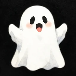 a joyful cartoon ghost, black background, pen and watercolor