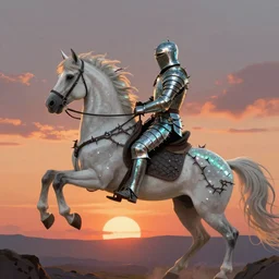 knight rides a white unicorn into the sunset, armor made of thorns and glass, illustration, cinematic light, by greg rutkowski