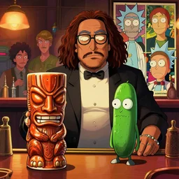 the notorious b. i. g. as a trader vic's tiki mug at a tiki bar, rick and morty pickle rick, shaded lighting poster by magali villeneuve, artgerm, jeremy lipkin and michael garmash, rob rey and kentaro miura style, trending on art station