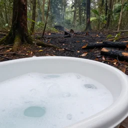 pristine porcelain bath filled with bubbles in a clearcut rainforest, slash and burn, cleared forest, deforestation, bubble bath, tree stumps, smouldering charred timber