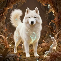 white alaskan husky creature creature in a lush vegetation, warm tones, bioluminescent bioluminescent translucent translucent : : by guillermo del toro, daniel merriam, victo ngai and michal karcz : : ornate, dynamic, particulate, intricate, elegant, highly detailed, centered, artstation, smooth, sharp focus, octane render