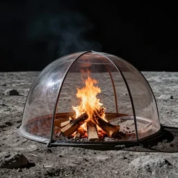 a campfire inside a dome on the surface of the moon