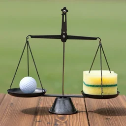 balance scale weighing golfball and sponge