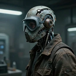 a half - masked rugged laboratory engineer man with cybernetic enhancements as seen from a distance, scifi character portrait by greg rutkowski, esuthio, daytoner, 1 / 4 headshot, cinematic lighting, dystopian scifi gear, gloomy, profile picture, mechanical, cyborg, half robot, implants, dieselpunk