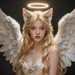Portrait of a girl angel with blonde hair, cat ears, glowing halo, wings, fantasy, intricate, elegant, highly detailed, digital painting, artstation, concept art, smooth, sharp focus, illustration, art by Krenz Cushart and Artem Demura and alphonse mucha