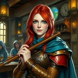 a young shy smile red head bard woman, in a tavern, holding a flute, ( ( ( colorful leather armor ) ) ) teal cloak, portrait by daniel docciu and dave dorman and artgerm