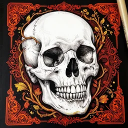 human skull wrapped in vines + black paper + elements + red + gold + neon + baroque + rococo + white + orange + ink + tarot card with ornate border frame + marc simonetti, paul pope, peter mohrbacher, detailed, intricate ink illustration