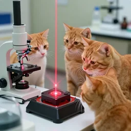 1 9 8 0's color photo, cute orange cats, supervising red laser laboratory experiments