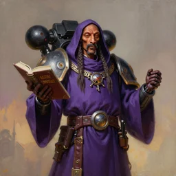 painting of snoop dog as a cloaked tech priest holding a book, adeptus mechanicus!, cybernetic enhancements attached to his body, praise the omnissaiah, zdzislaw beksinski, lewis jones, mattias adolfsson, warhammer 4 0 k!!, cold hue's, warm tone gradient background, concept art, digital painting