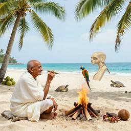 side view of gandhi holding a cigar, sitting on a beach, next to a campfire, with palm trees and different types of beach animals parrot turtle lizard crab coconuts in the back