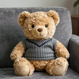 a teddy bear with an unnerving smile wearing a sweater vest sitting on a couch, 4 k photo