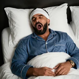drake artist waking up from sleep in pajamas and nightcap, yawning