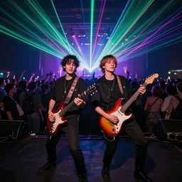 studio portrait of two friends jamming at a concert with a crowd behind them and lasers, surrealism