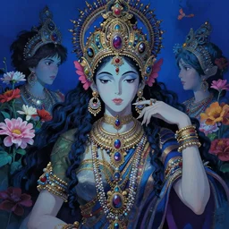 dreaming woman wearing intricate hindu accessories surrounded by flowers by ilya kuvshinov and anna dittmann and studio ghibli and wlop and rossdraws, digital art, surreal, trending on artstation, anime arts, featured on pixiv, blue lighting, hd, 8 k, highly detailed, good lighting, beautiful, epic, masterpiece