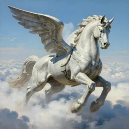 a giant statue pegasus mecha, in the clouds, one body, tim hildebrandt, wayne barlowe, bruce pennington, donato giancola, trending on artstation, cinematic composition, beautiful lighting, hyper detailed, 8 k, oil on canvas