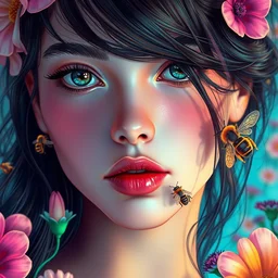 beautiful, young woman, detailed gorgeous face, vaporwave aesthetic, synthwave, colorful, psychedelic, artstation, concept art, smooth, extremely sharp detail, finely tuned detail, ultra high definition, 8 k, unreal engine 5, ultra sharp focus, flowers, bees, illustration, art by artgerm and greg rutkowski and alphonse mucha wlop, loish, ilya kuv