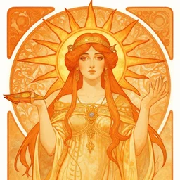 priestess of the sun, bright orange color scheme, intricate illustration by krenz cushart, alphonse mucha, artgerm, trending on artstation