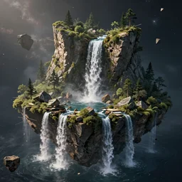 a crumbling island in space, waterfalls, in style bruce ricker, digital art, detailed, depth of field