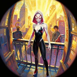 spider - man into the spider - verse ( 2 0 1 8 ) anime key visual concept art of spider gwen standing on a balcony in new york city, golden rays, by ashley wood, yoji shinkawa, alberto mielgo, 6 0's french movie poster, french impressionism, vivid colors, palette knife and brush strokes, fish eye lens