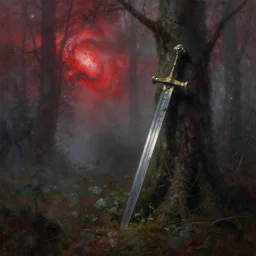 overgrown sword leaning against a tree, foggy forest, nebula, crimson, eerie, oil painting, by greg rutkowski