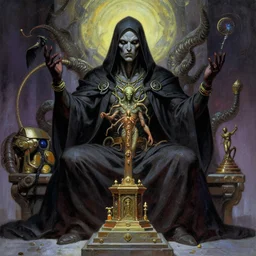 robed cyberpunk cultist worshipping at an altar of an ancient god by frank frazetta and bosch, colorful digital art, serious painting, very detailed