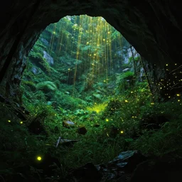as I approached my final destination, like streaks of plasma fireflies burst from the cave mouth filling the lush valley with fireflies