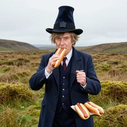 fourth doctor tom baker eating 90 hot dogs at once wearing a magicians hat in a scottish moss field