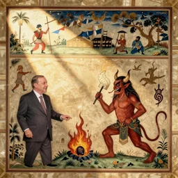 Recep Tayyip Erdoğan and Devil having a launch in hell, Ottoman miniature style