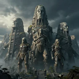 colossal statues in the mountains, dramatic lighting, by john howe, weta workshop, colossus, greg rutkowski, artgerm, ross tran, conrad roset, takato yomamoto. 4 k, beautiful, cinematic dramatic atmosphere, matte painting