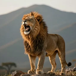 a beautiful photo of lion roar on mountain, hyper realistic, natural light, concept art, cozy atmospheric and cinematic lighting