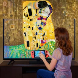 a painting of a female asa Butterfield mixed with pam beesly, she is playing nintendo switch on the TV, by gustav klimt
