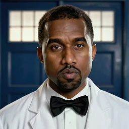 kanye west as the doctor! with bowtie! in doctor who, doctor who, tardis!!! tardis!!! movie still, detailed face, cinematic lighting, ray tracing, octane render, long lens, shallow depth of field, bokeh, anamorphic lens flare, 8 k, hyper detailed, 3 5 mm film grain