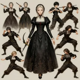 painterly spot illustrations of lady maria from bloodborne, various action poses, by bridgeman, by burne hogarth, by conrad roset, by yoshitaka amano, by ruan jia, cgsociety, artstation, portfolio quality.