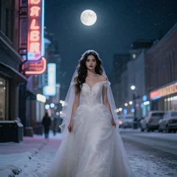 woman in a wedding dress walking through the city at night. neon signs. full moon. hyper detailed. socialist realism. beautiful and eerie. it is snowing