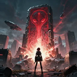 a tight girl + a huge towering and broken stone tablet with red light + alien pattern + an abandoned spaceship, stands in the center of a prosperous city at the end of the world, and the power and energy is explode, secret, mysterious, doomsday, landscape, 2 4 mm lens, wide shot, video game control, quantum break, arknights,
