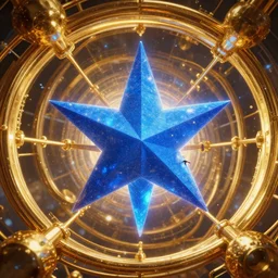 a giant blue star inside a golden artificial megastructure, highly detailed artwork, small subject centred, digital art