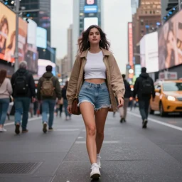 a gorgeous potato girl walking in the middle of time square, realistic, photography