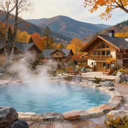 holiday resort, hot springs pool in the mountains, relaxing, autumn, trees, steam clouds, detailed painting, trending on artstation