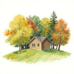 a cabin on a small hill surrounded by colorful trees, drawn by colin campbell cooper