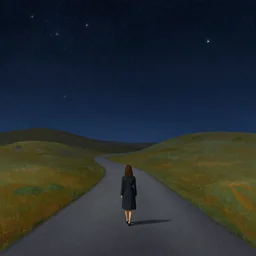 walking back home at the starry night on the lonely road alone, beautiful colors, renee magritte, high details, artstation trending, first place, high detailed,