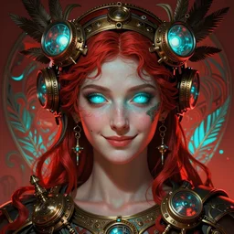the goddess athena smirking, steampunk, glowing eyes, volumetric lights, red and cyan theme, art nouveau botanicals, intricate, highly detailed, digital painting, artstation, concept art, smooth, sharp focus, cinematic, illustration, beautiful face, art by artgerm and greg rutkowski and alphonse mucha