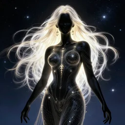 The God of Music, ebony body, long glowing hair, space background, digital art, detailed, intricate