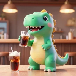 3 d render illustration of a funny dinosaur drinking a soda in a bar,